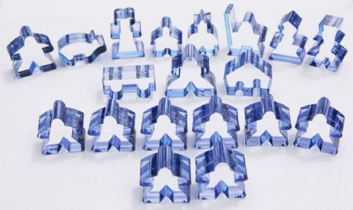 Complete 19 piece blue transparent set of Carcassonne meeples